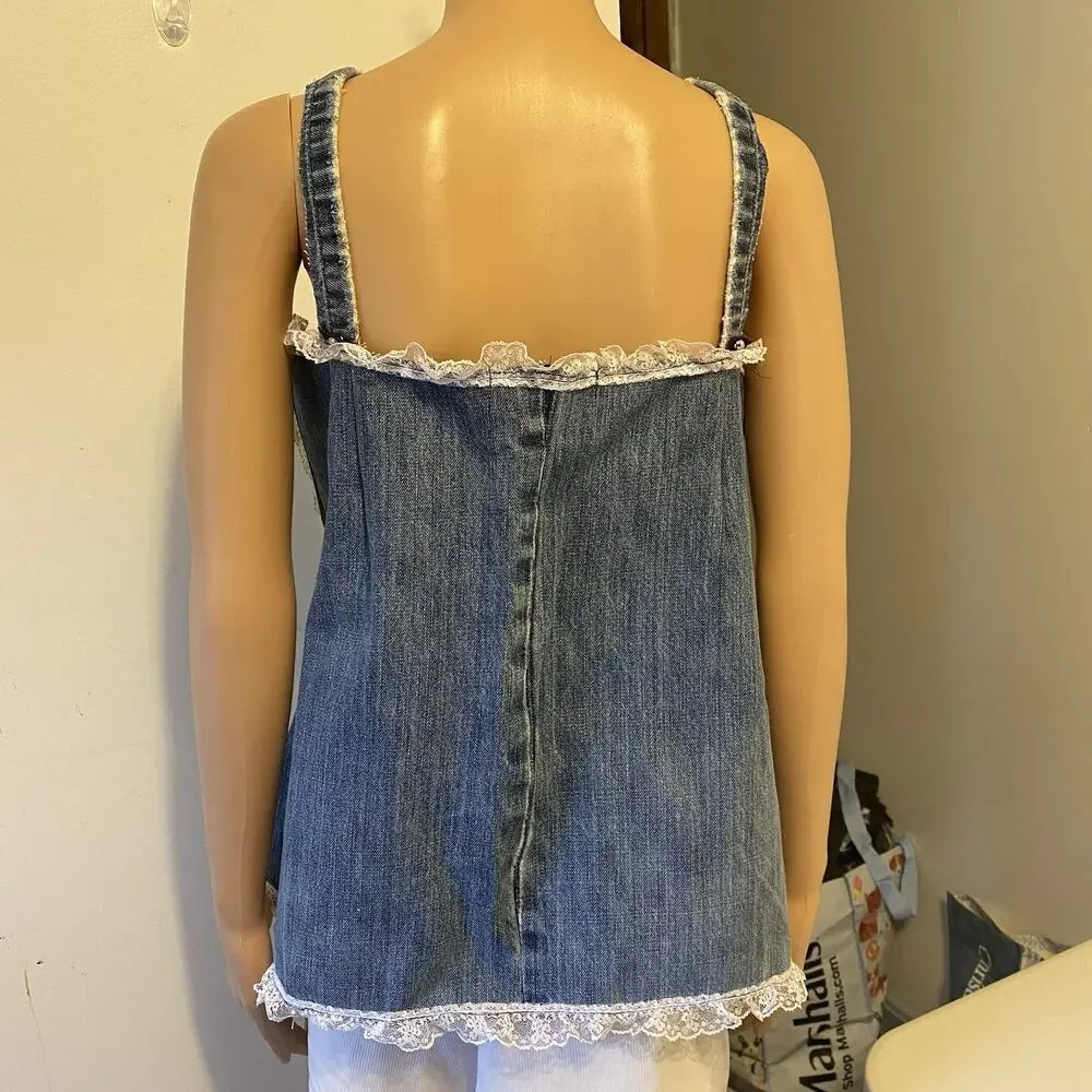 VTG OldNavy BlueDenim LaceTrim Corset Coquette Babydoll Handmade Up cycle L/XL - Picture 11 of 13